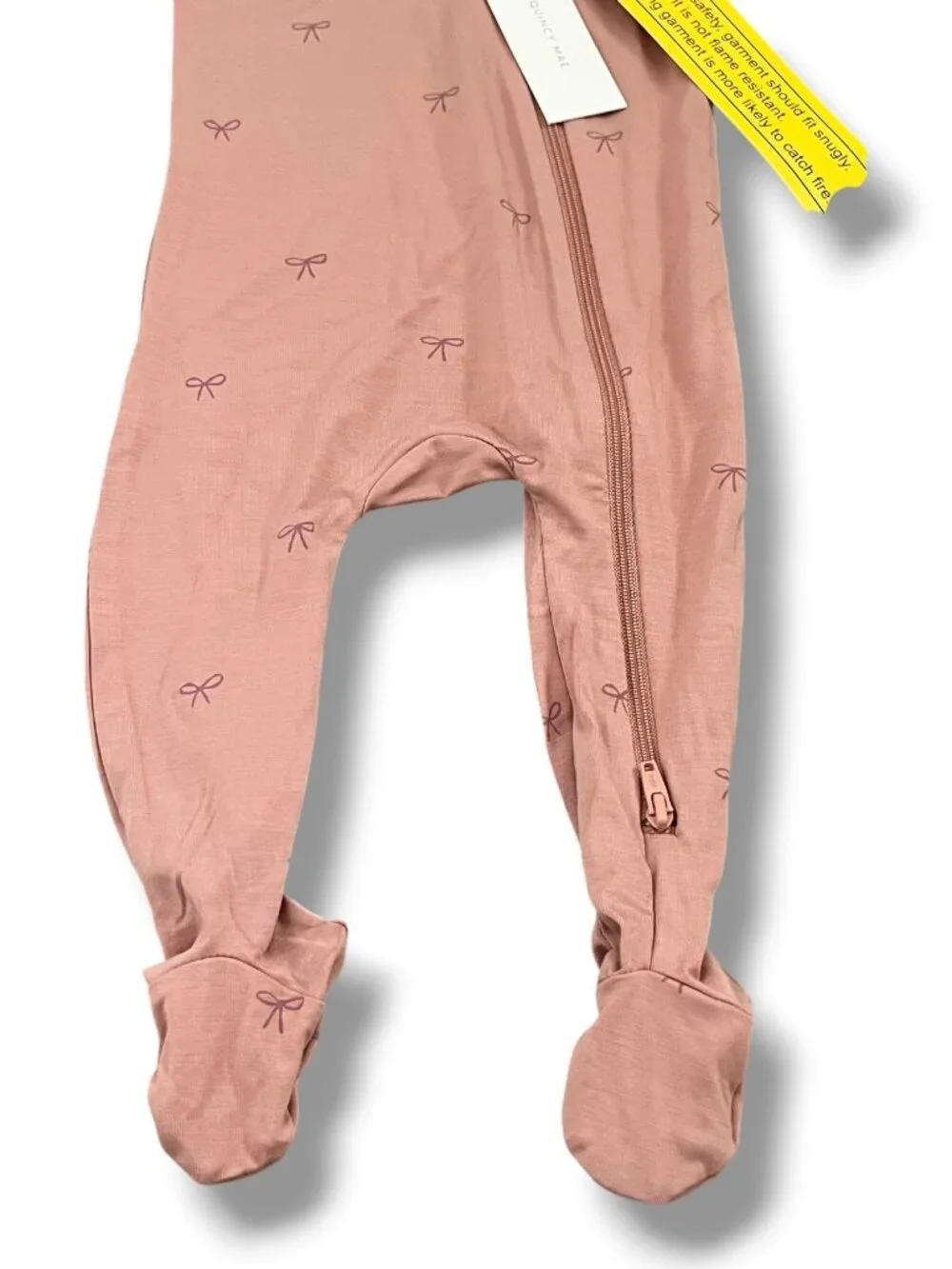 NWT Quincy Mae Bow Bamboo Zip Footie in Blush Pink Mauve Size 3-6M
